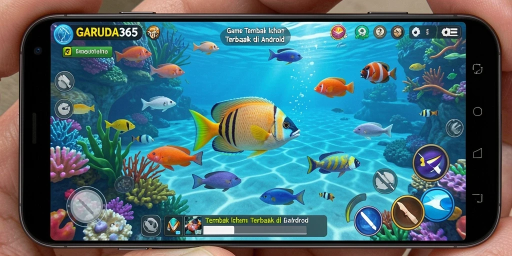 Screenshot gameplay GARUDA365 menampilkan suasana penuh warna dan menegangkan saat menembak ikan.