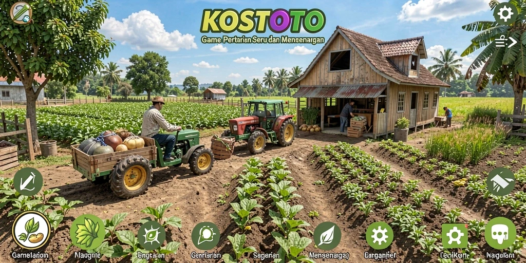 Tampilan gameplay KOSTOTO dengan lahan pertanian yang hijau dan subur.