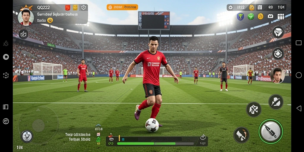 Screenshot QQ222 menunjukkan aksi seru di lapangan sepak bola.
