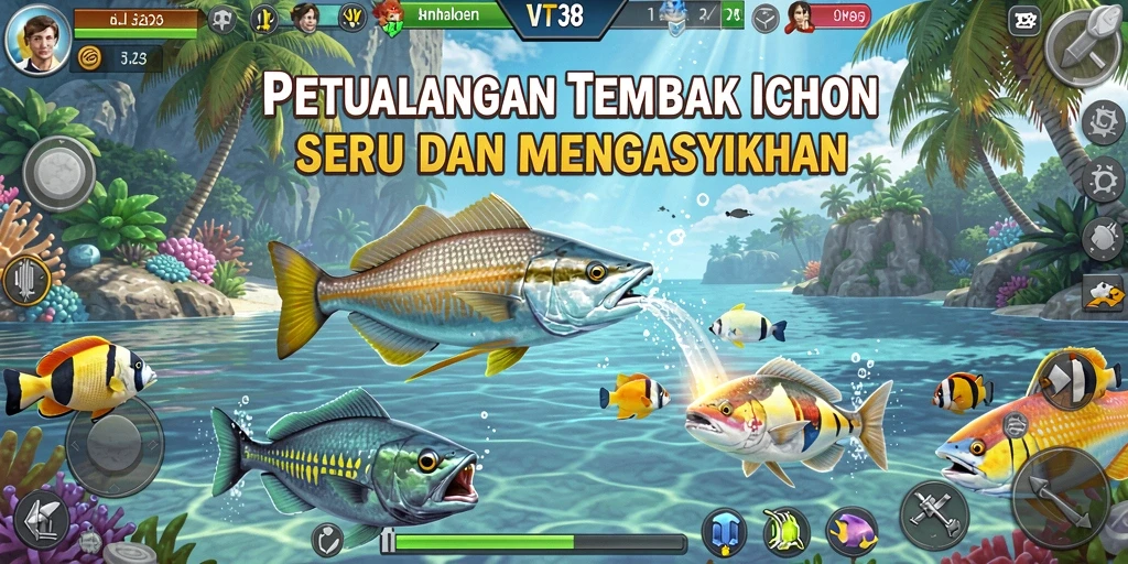 Tampilan gameplay seru dalam VT38 dengan aksi tembak ikan yang mendebarkan.